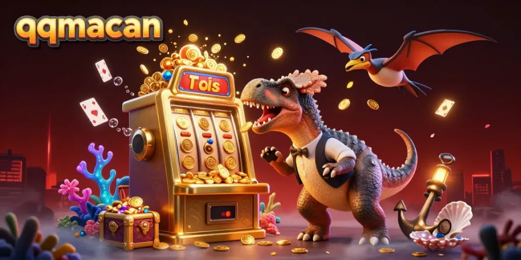 qqmacan showcases a quirky dinosaur scene with jackpot winnings and thrilling casino elements.