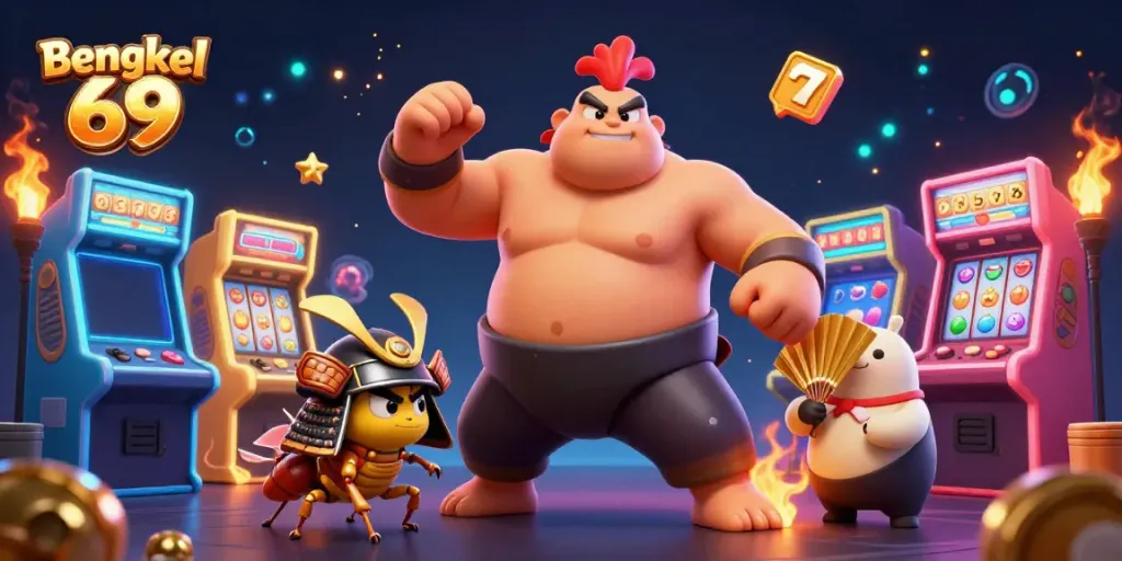 Bengkel 69 showcases dynamic characters in a vibrant casino-themed 3D illustration, capturing the excitement of slots.