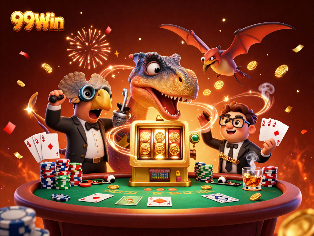 Experience 99Win's thrilling jackpot action with a cartoon dinosaur and dynamic casino elements.