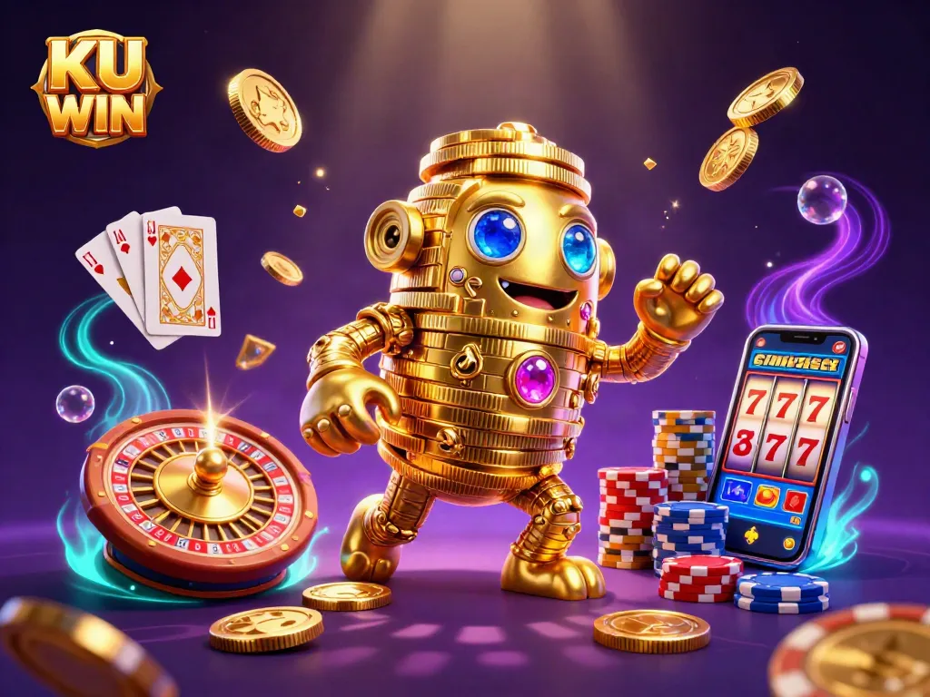 Experience the thrill of KU WIN casino with vibrant 3D golden golem and dynamic spinning roulette.