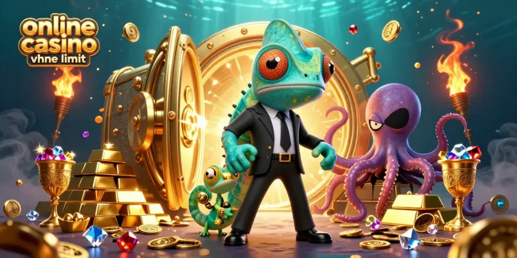 Engage in an exciting online casino ohne limit adventure with a secret agent chameleon and tech-gecko against a treasure backdrop.