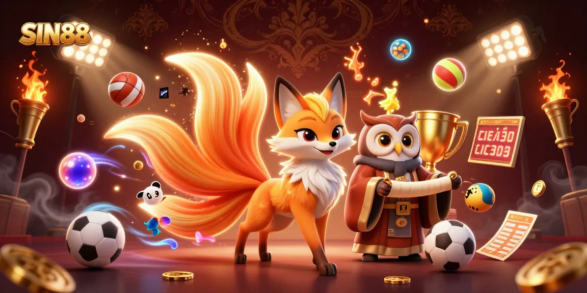 SIN88 Casino: Engage with vibrant sports betting action featuring a mystical nine-tailed fox and wise owl.