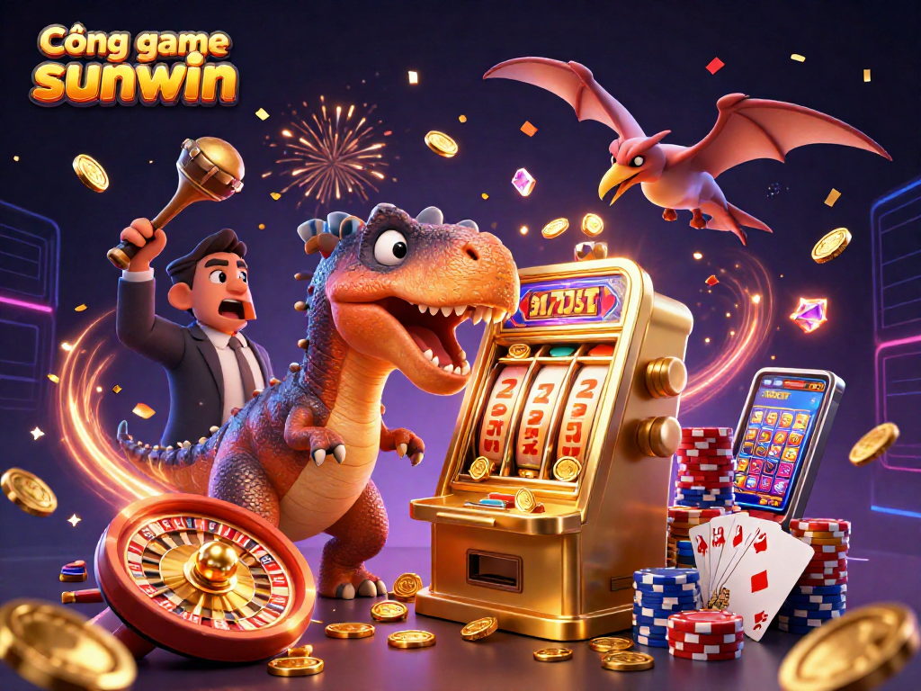 Experience thrilling jackpots at Cổng game sunwin with a cartoon dinosaur in an exciting casino scene.