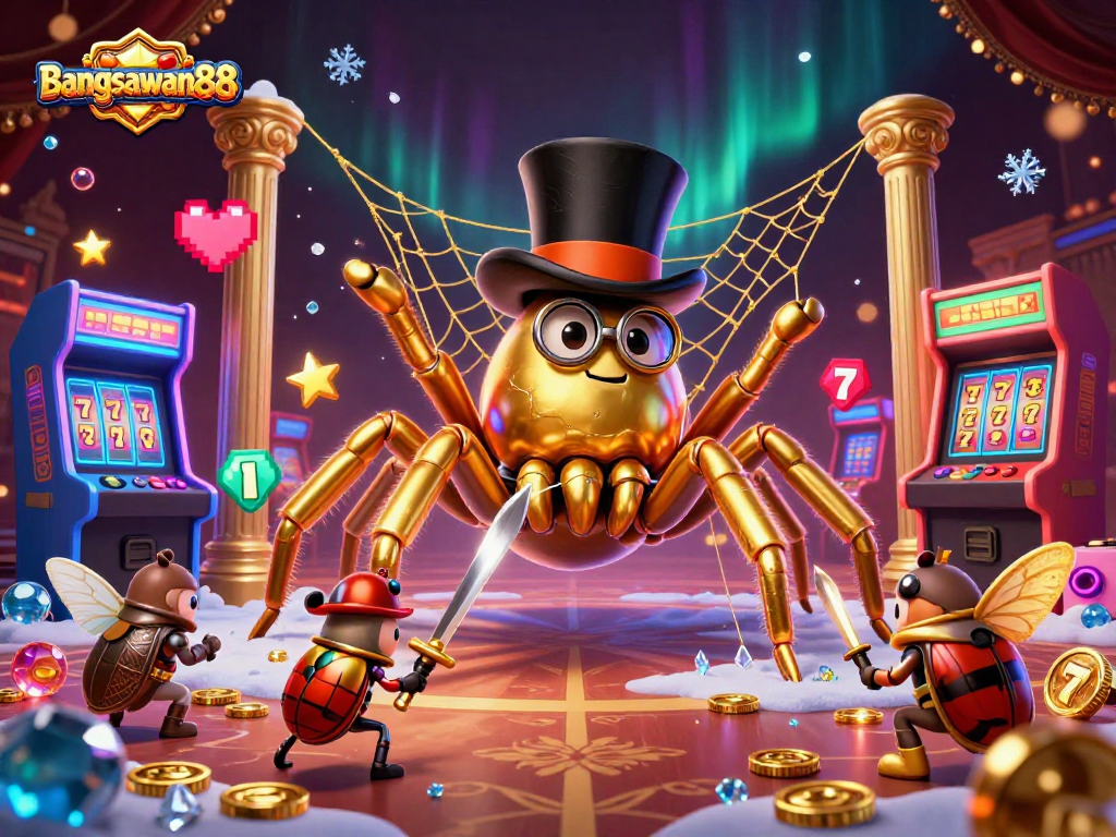 Engage with the fun-filled adventure of bangsawan88 in a vibrant casino scene featuring 3D characters.