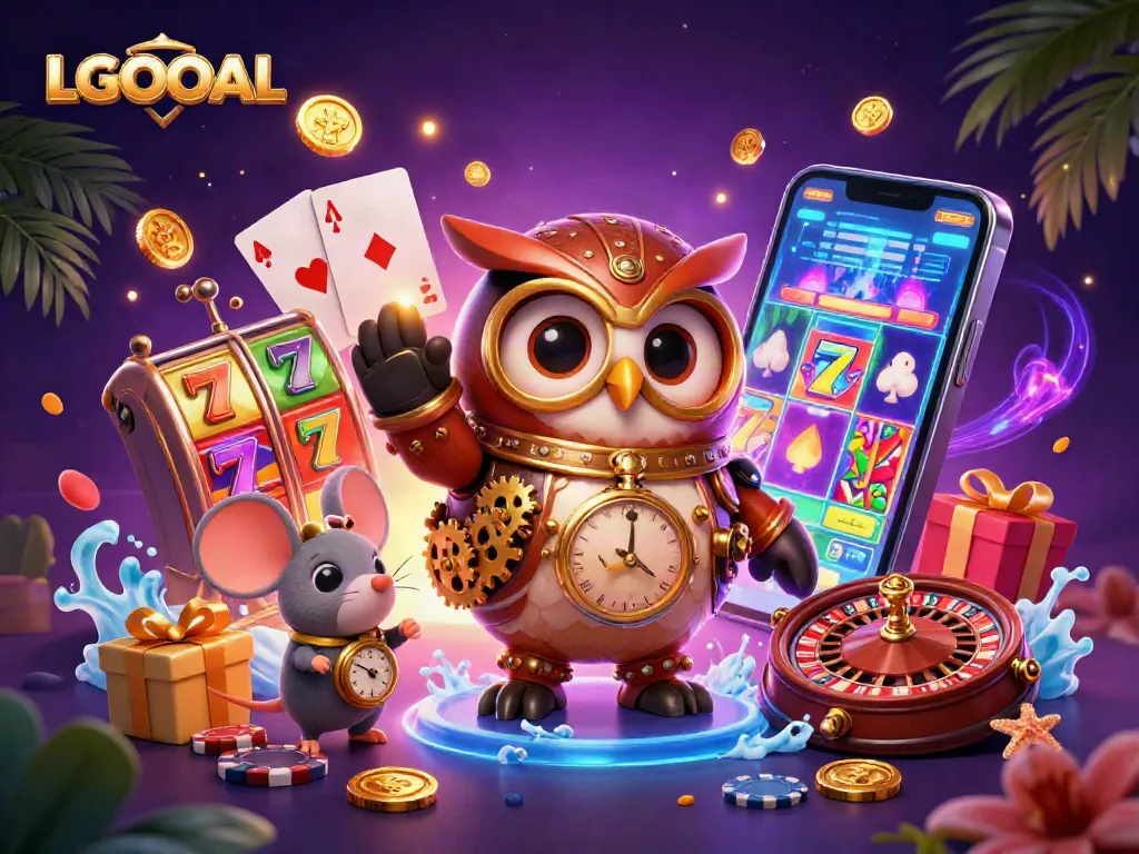 Play thrilling games on LGOGOAL with 3D cartoon owl and mouse in a vibrant casino setting.