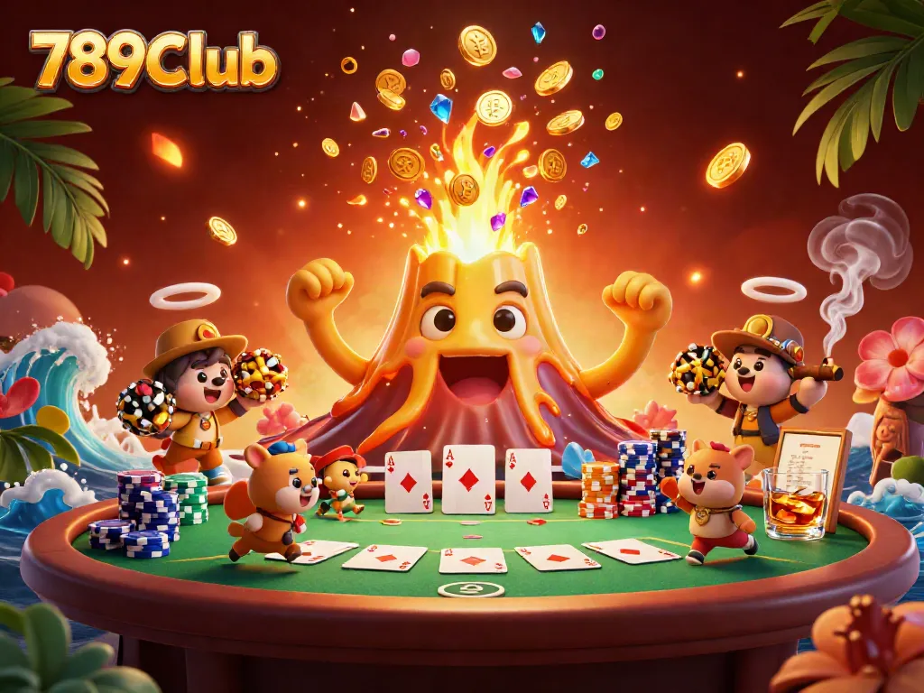Experience the thrill of 789CLub as the golden volcano erupts with treasures and poker action.