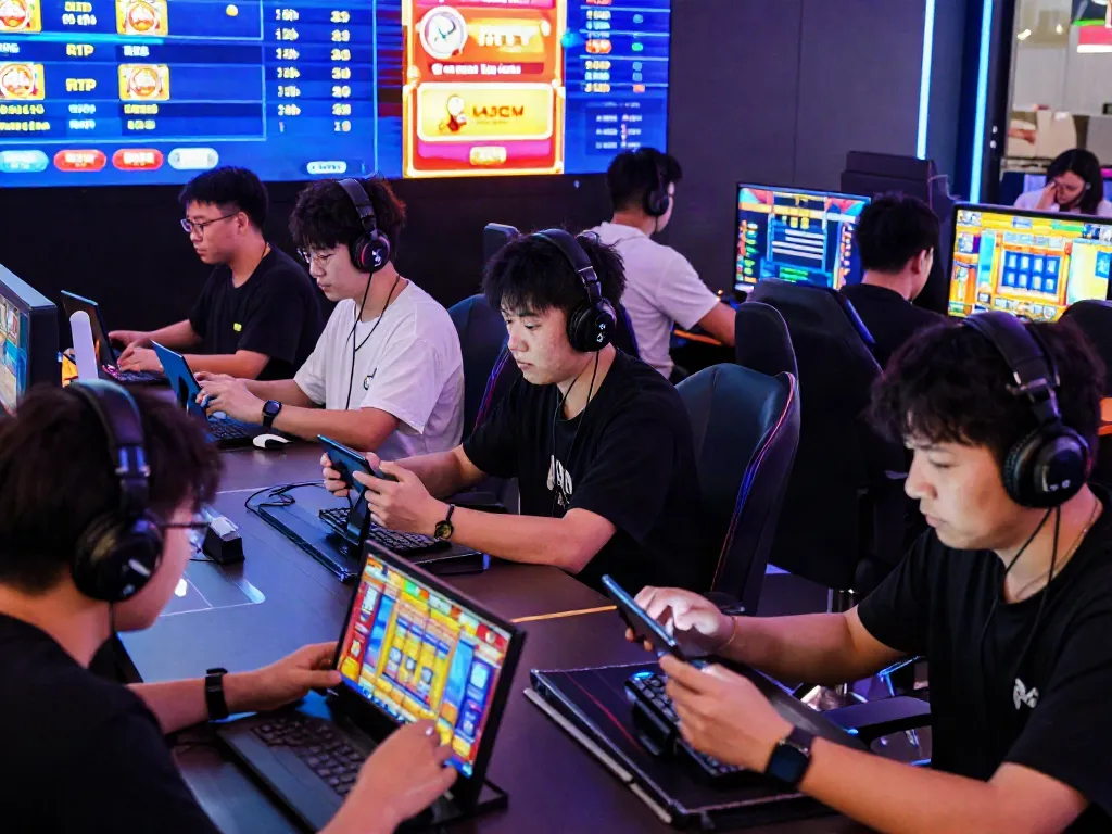 Players enjoy fast-paced slot games on devices, showcasing the qqmacan gaming experience.