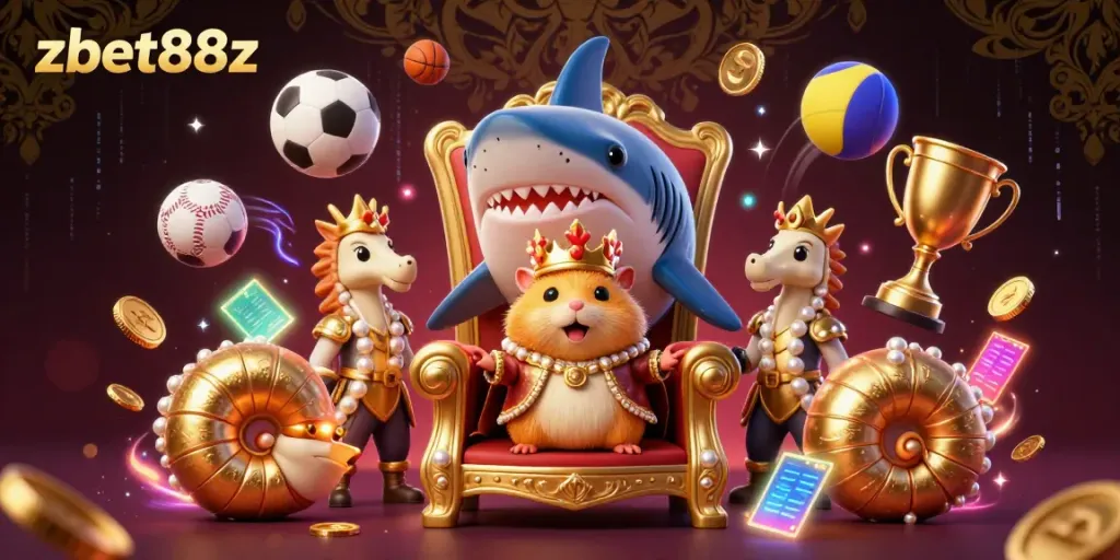 Engage with zbet88z's vibrant casino world, featuring the golden hamster king on a megalodon throne surrounded by sports action.