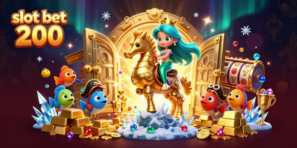 Play exciting slots with slot bet 200 as a mermaid and a seahorse explore treasures in this vibrant scene.
