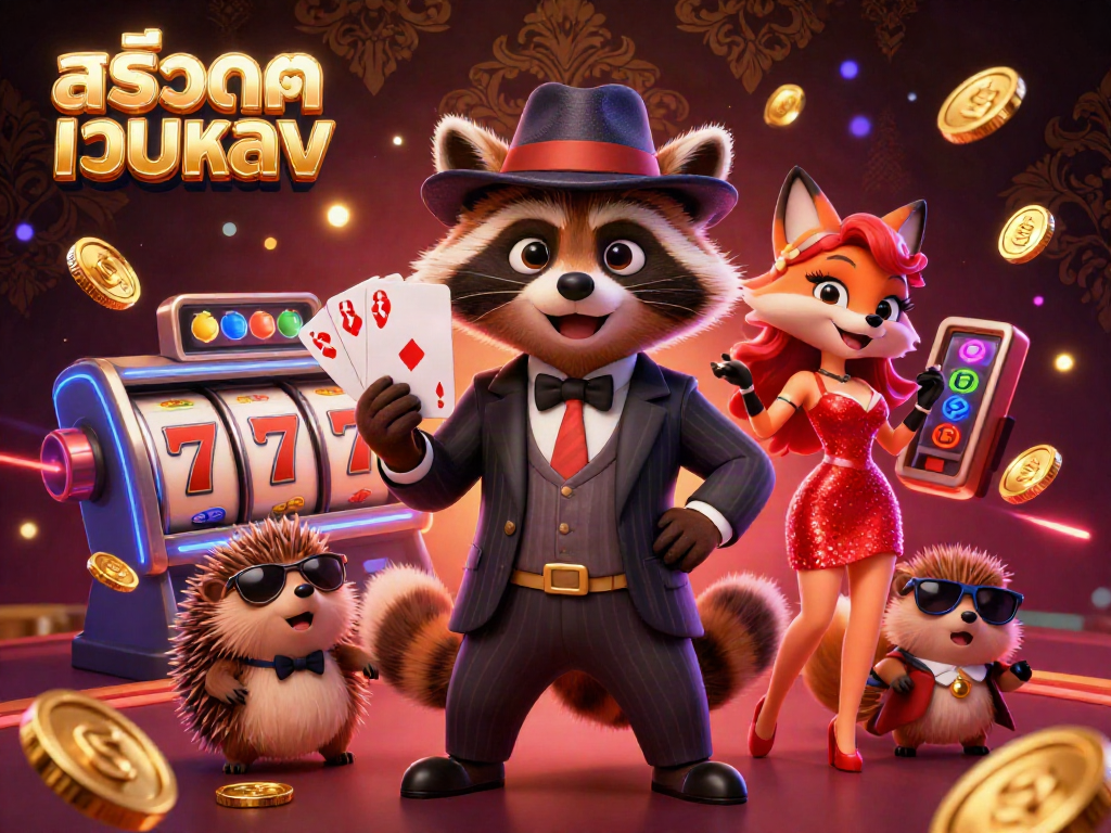 Experience the thrill of สล็อตเว็บตรง with a raccoon and fox in a vibrant casino scene.