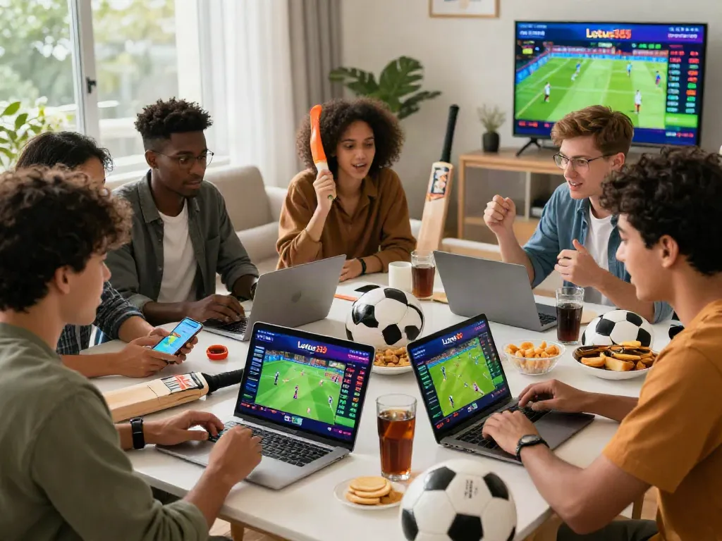 Exciting Lotus365 betting scene with friends placing bets on cricket and football.