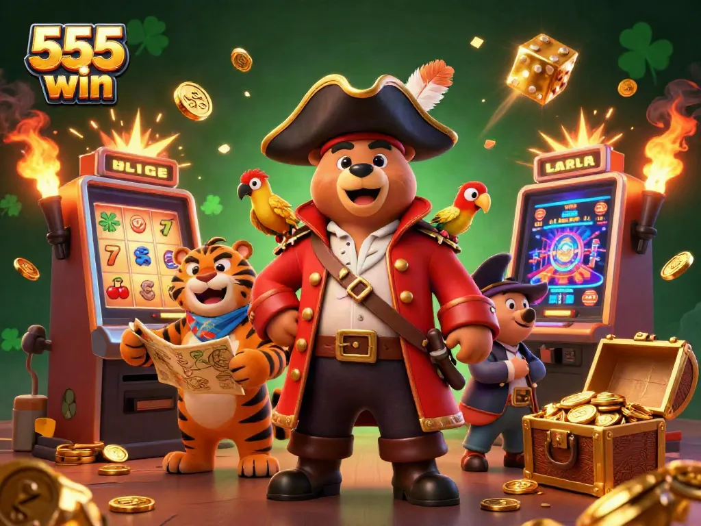 Spin to win big with 555 win as a pirate bear and tiger celebrate jackpot victories!