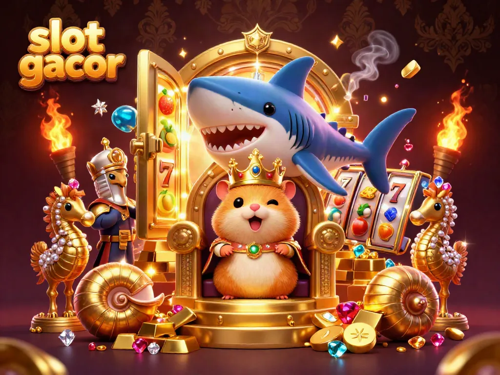 Experience slot gacor excitement in this vibrant 3D illustration featuring a golden hamster king on a megalodon throne.