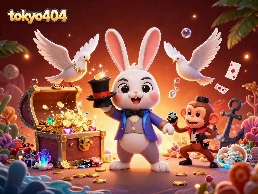 Engage with tokyo404's vibrant casino world featuring a magician rabbit and playful elements.