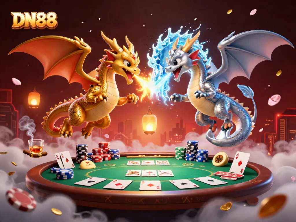 Experience thrilling gaming with DN88, featuring fierce dragon duality amidst poker elements and bright casino decor.