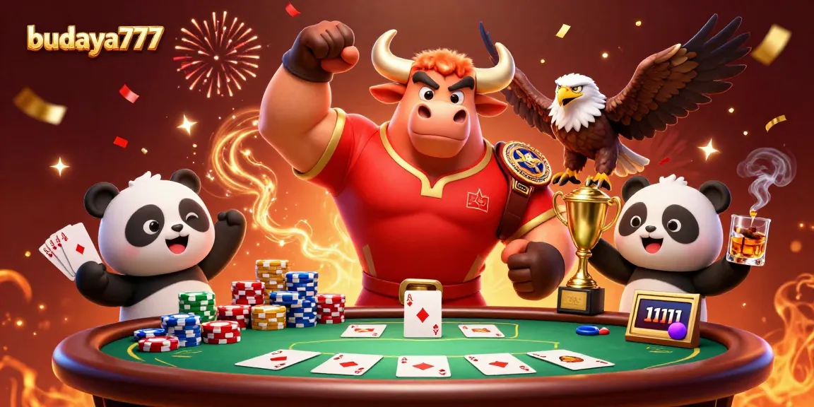Budaya777 menampilkan maskot banteng berotot dan panda dengan trofi dalam suasana kasino yang meriah.