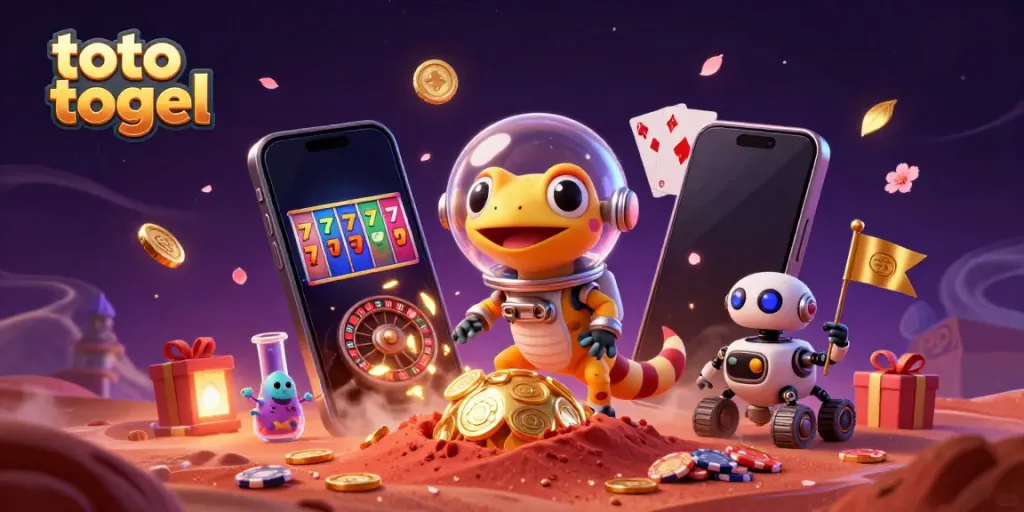 Engage in thrilling toto togel gameplay with a Martian gecko and alien cheering in a cosmic casino setting.