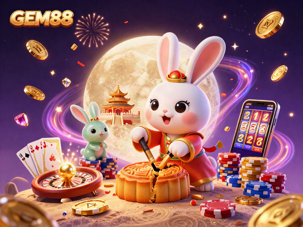 Experience GEM88 with a vibrant illustration of a folklore moon rabbit amidst a dazzling casino scene.