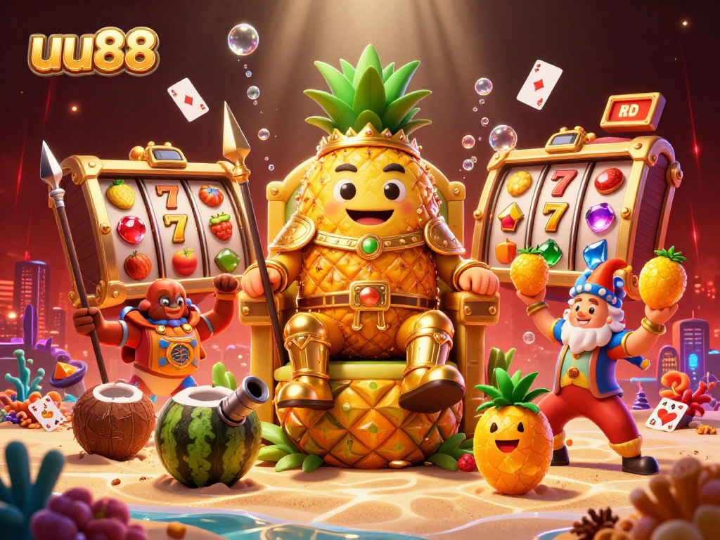 Experience the thrill of playing slots at uu88 with vibrant 3D cartoon characters and casino treasures.