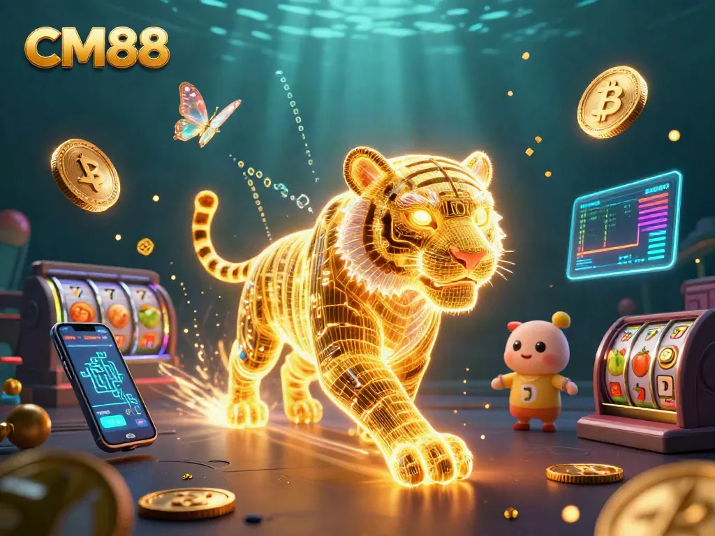 Experience the vibrant energy of CM88's digital casino with a 3D illustration showcasing a golden tiger and stunning game elements.