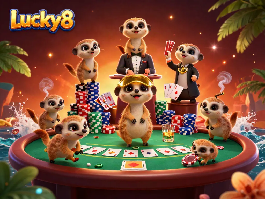 Meerkats managing a vibrant casino scene with Lucky8 branding and poker elements.