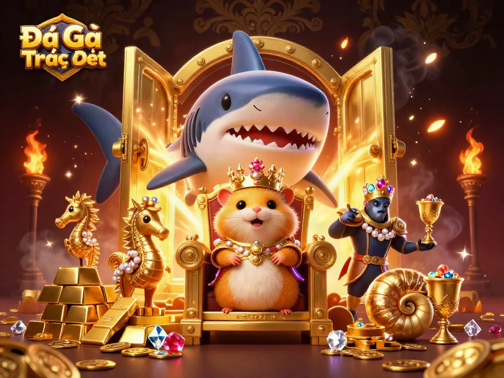 Engage in Đá Gà Trực Tiếp with an energized scene featuring a king hamster, treasure, and dynamic gambling elements.