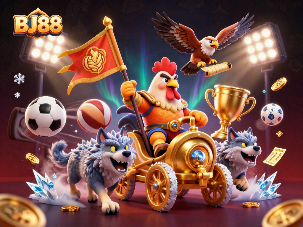 BJ88 captures the excitement of sports betting with a dynamic 3D illustration featuring a rooster warlord and wolves.