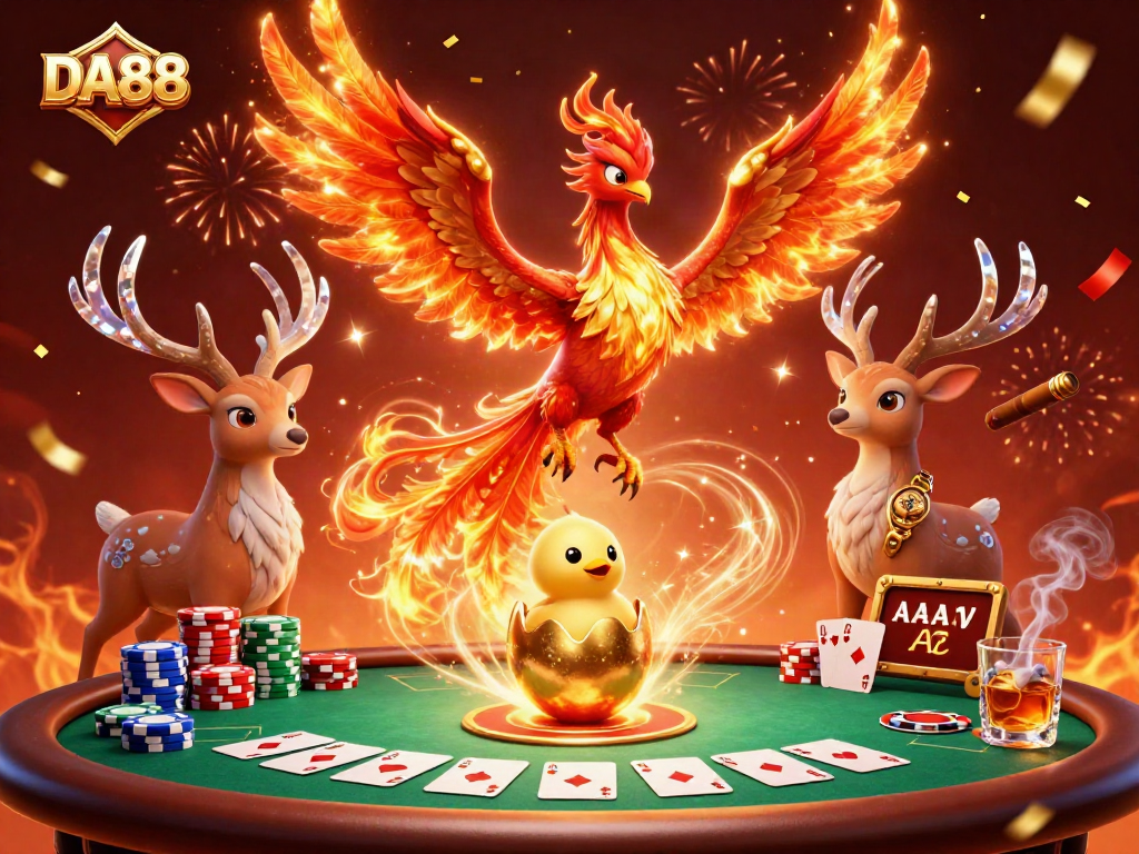 Experience thrilling action with DA88 as phoenixes soar among poker excitement at a vibrant casino.