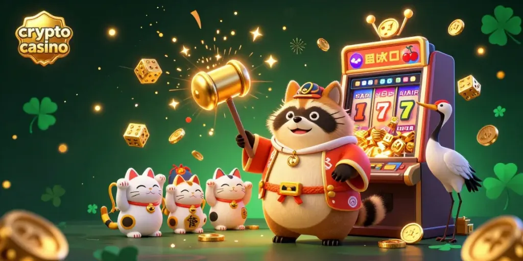 Experience the excitement of a crypto casino with a cheerful tanuki and vibrant gaming elements.