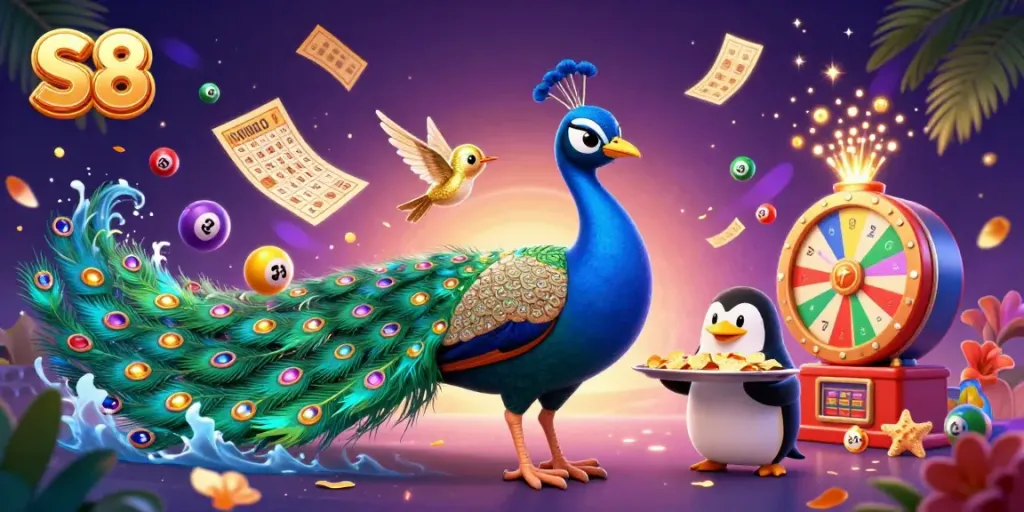 Experience thrilling gameplay at S8 with vibrant casino elements and characters in this dynamic illustration.