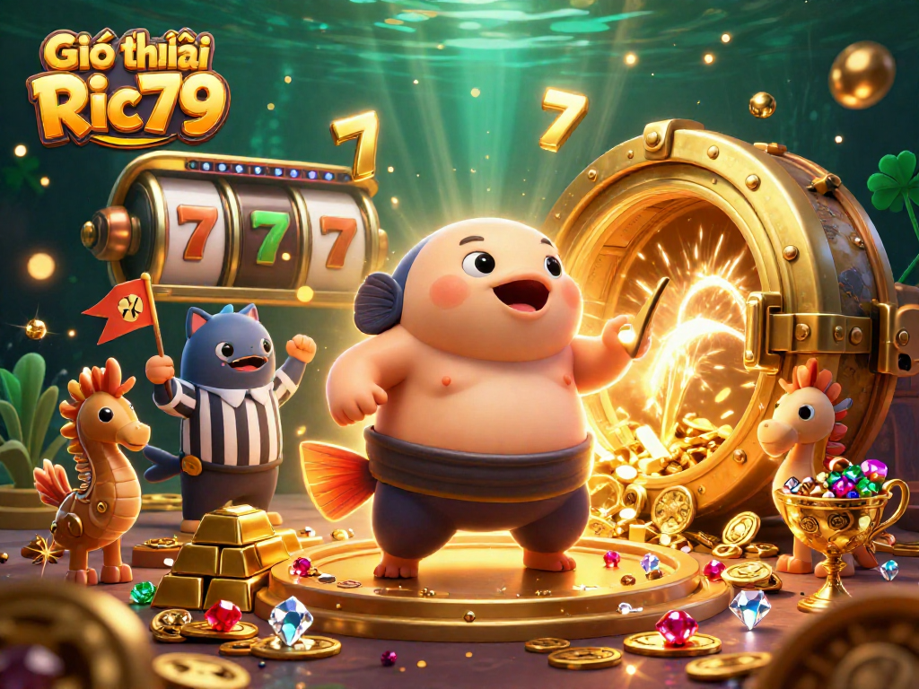 Engaging illustration showcasing Giới thiệu Ric79 with joyful gambling visuals, featuring cartoon fugu and slot reels.