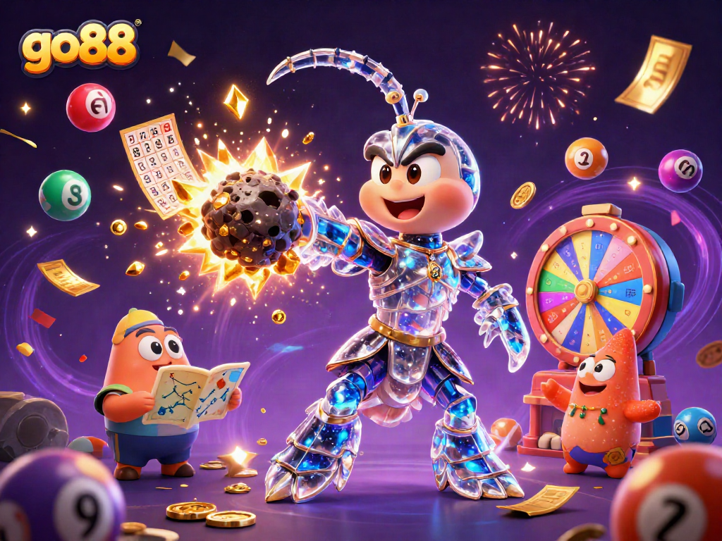 Experience thrilling gameplay at go88 with a dynamic 3D illustration of a samurai mantis shrimp and colorful lottery elements.