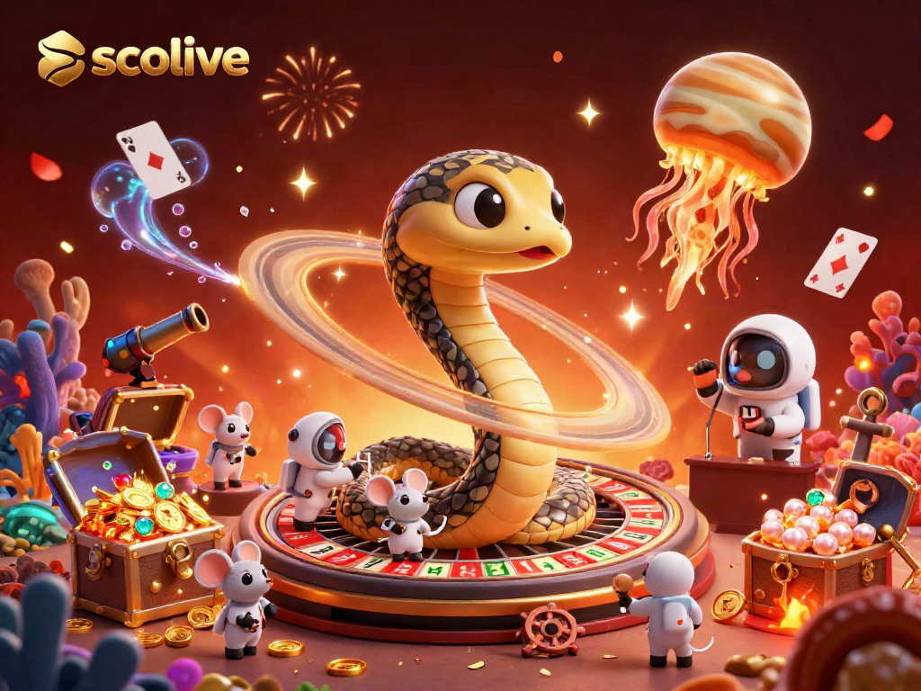 Socolive casino scene with astronaut mice betting on a roulette-like Saturn wheel in space.