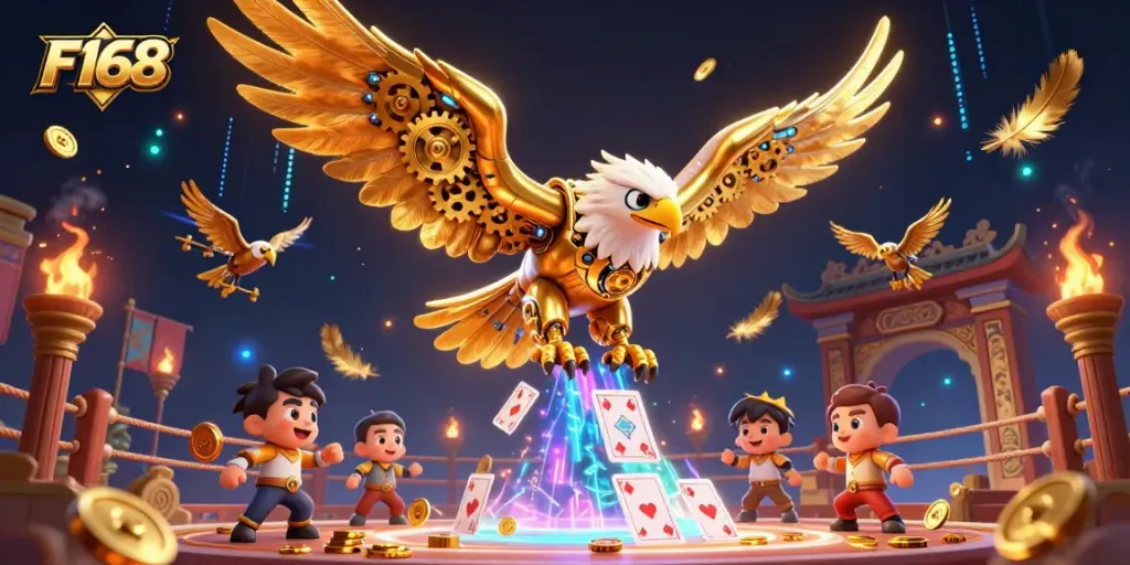 Experience the thrilling dive of F168's golden eagle amidst casino action, showcasing vibrant gambling elements.