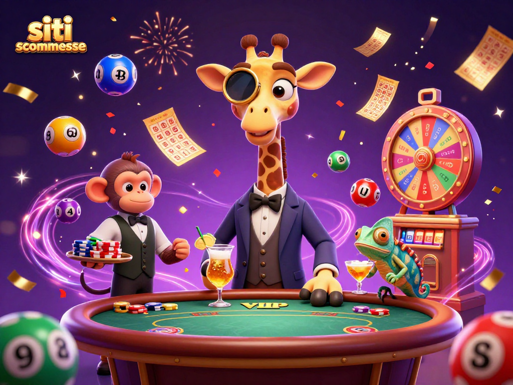 Scommetti con siti scommesse mentre una giraffa di alto livello gioca a poker circondata da palloni colorati e effetti di festa.