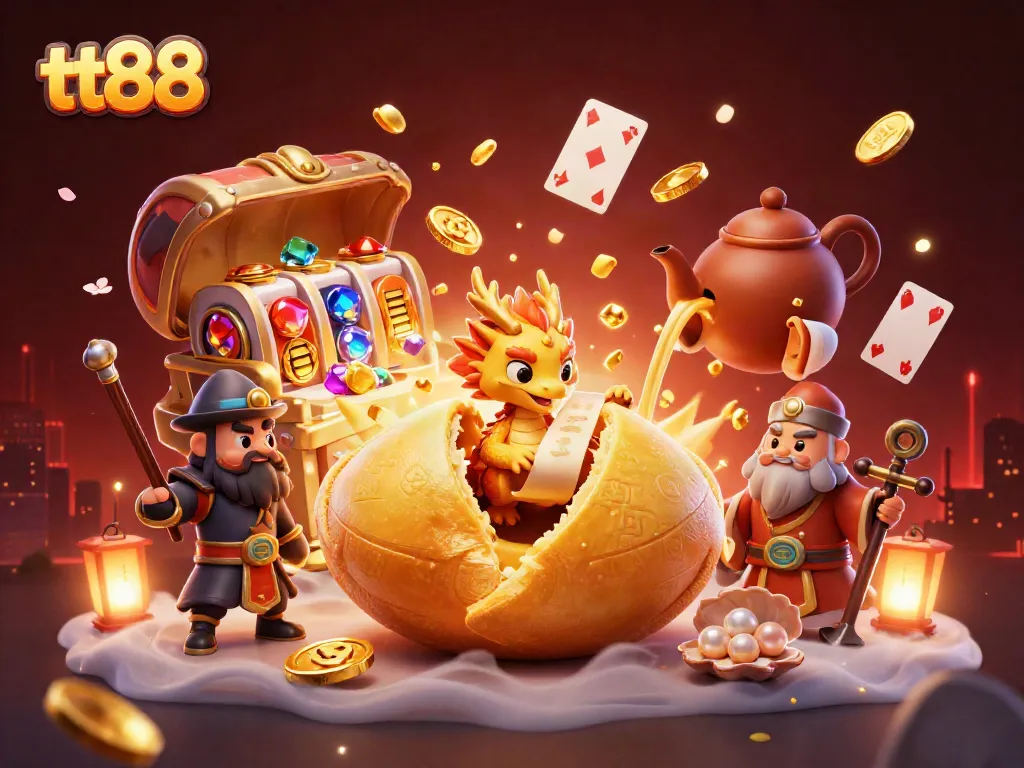 Engage in thrilling game play at tt88 with a dynamic 3D illustration featuring lucky symbols and fortune-themed characters.