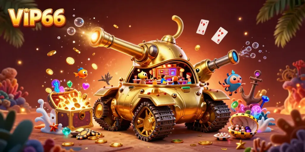 Experience the excitement at VIP66 with a dazzling casino scene inside a golden beetle tank.