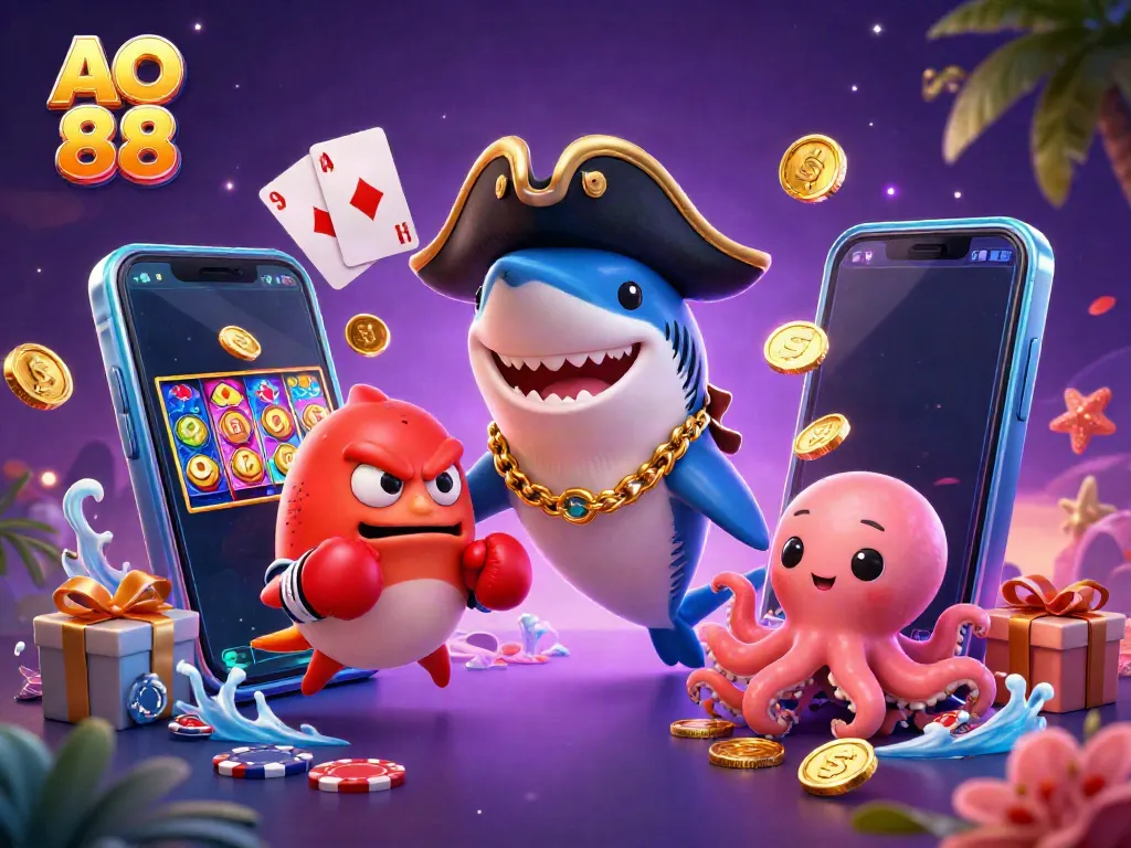 Experience the thrill of AO 88 with a pirate shark and colorful gaming elements!