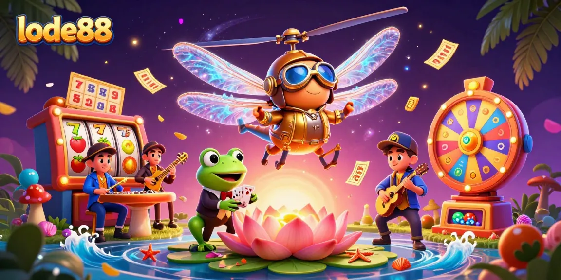 Engage with lode88 as vibrant lottery balls and characters create a lively casino scene.
