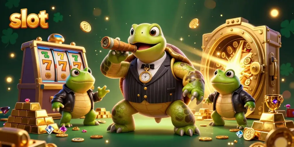 Experience thrilling slot action with a mobster turtle and bullfrog enforcers in this vibrant casino scene.