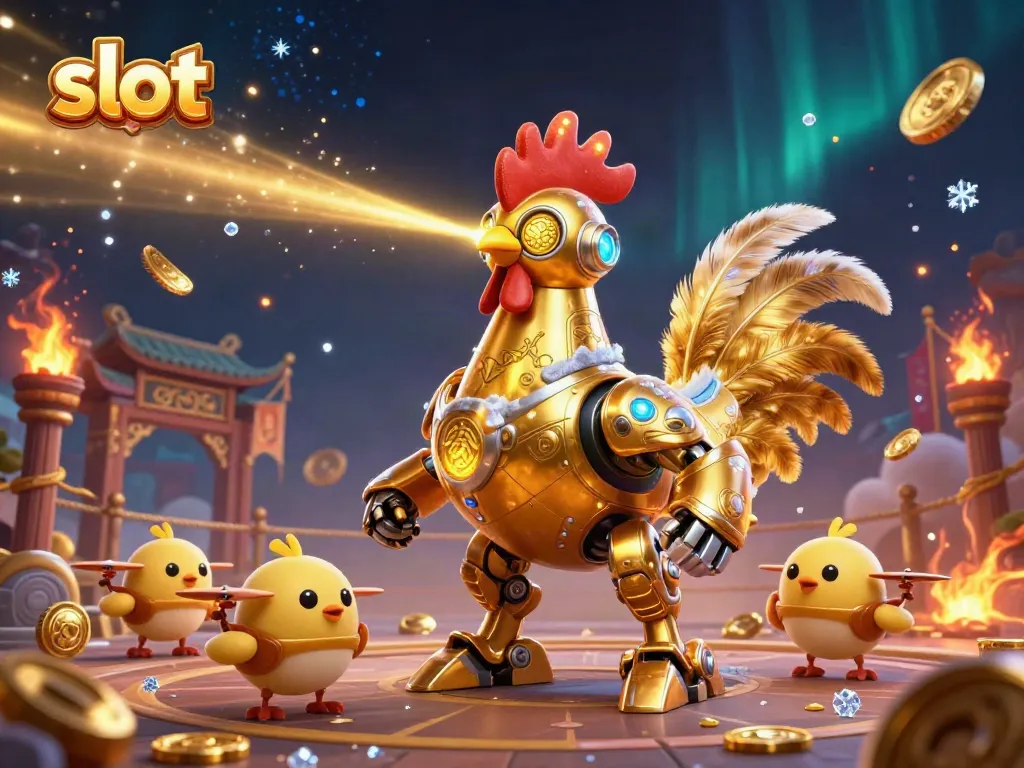 Engage in thrilling slot gameplay with vibrant characters and swirling golden elements in a dynamic 3D scene.