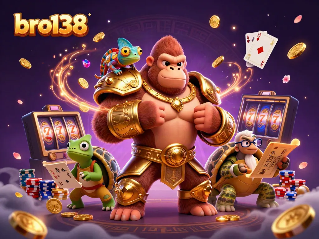 Experience the excitement of bro138 with a powerful gorilla king, chameleon companion, and wise tortoise in an action-packed casino scene.