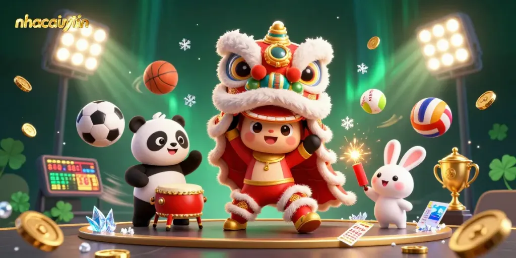 Engage in thrilling sports betting with nhacaiuytin featuring a lively lion dance and dynamic betting elements.