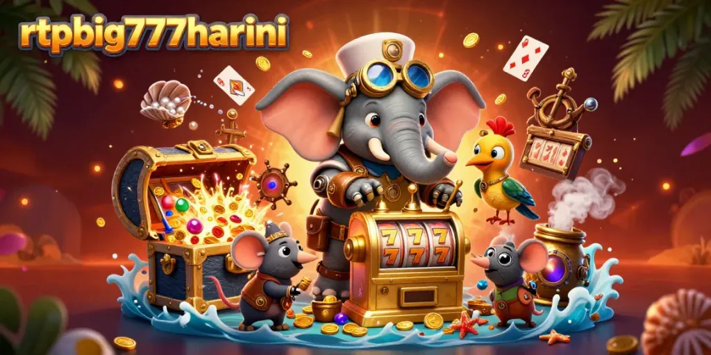 Experience thrilling wins with rtpbig777hariini in this vibrant 3D casino scene featuring a steampunk elephant and exciting slot elements.