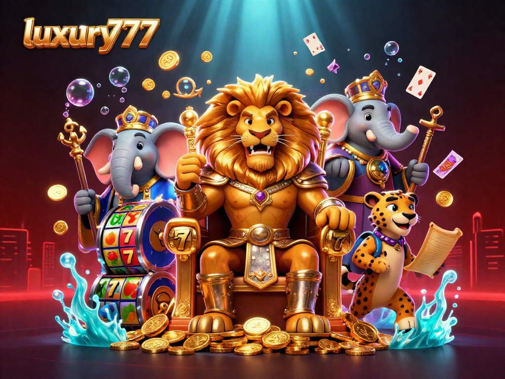 Bermain slot luxury777 dengan raja singa, gajah penasihat, dan cheetah pengantar yang dikelilingi simbol jackpot.