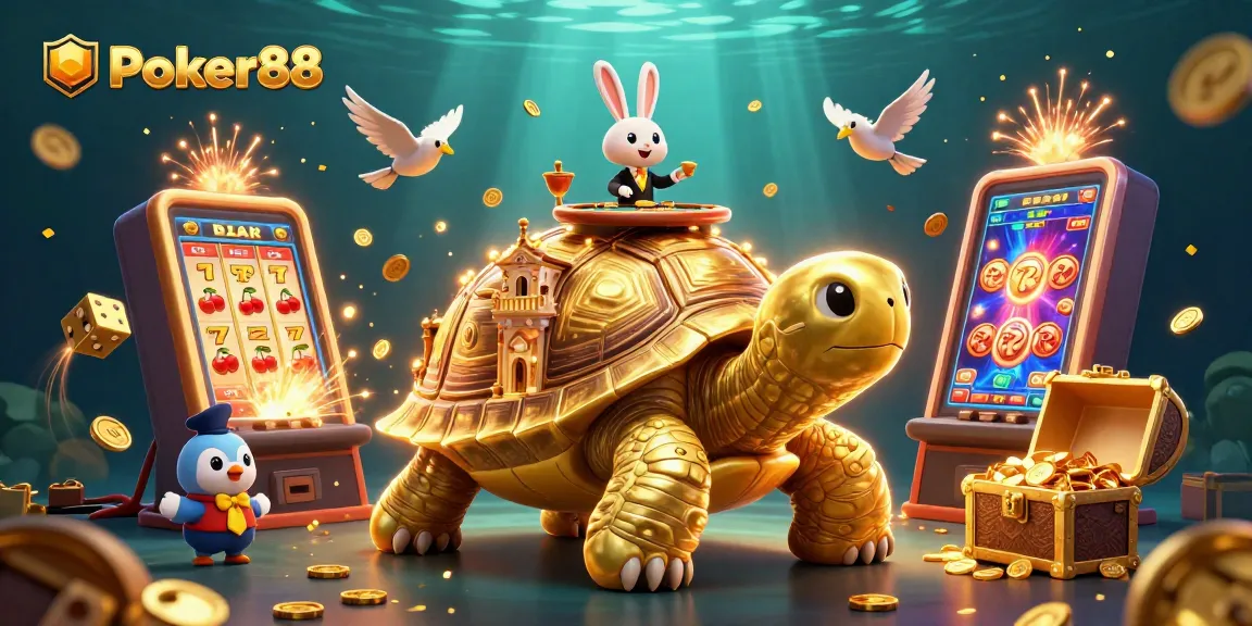 Engage with Poker88's vibrant online casino scene featuring a tortoise, rabbits, and dynamic gaming elements.