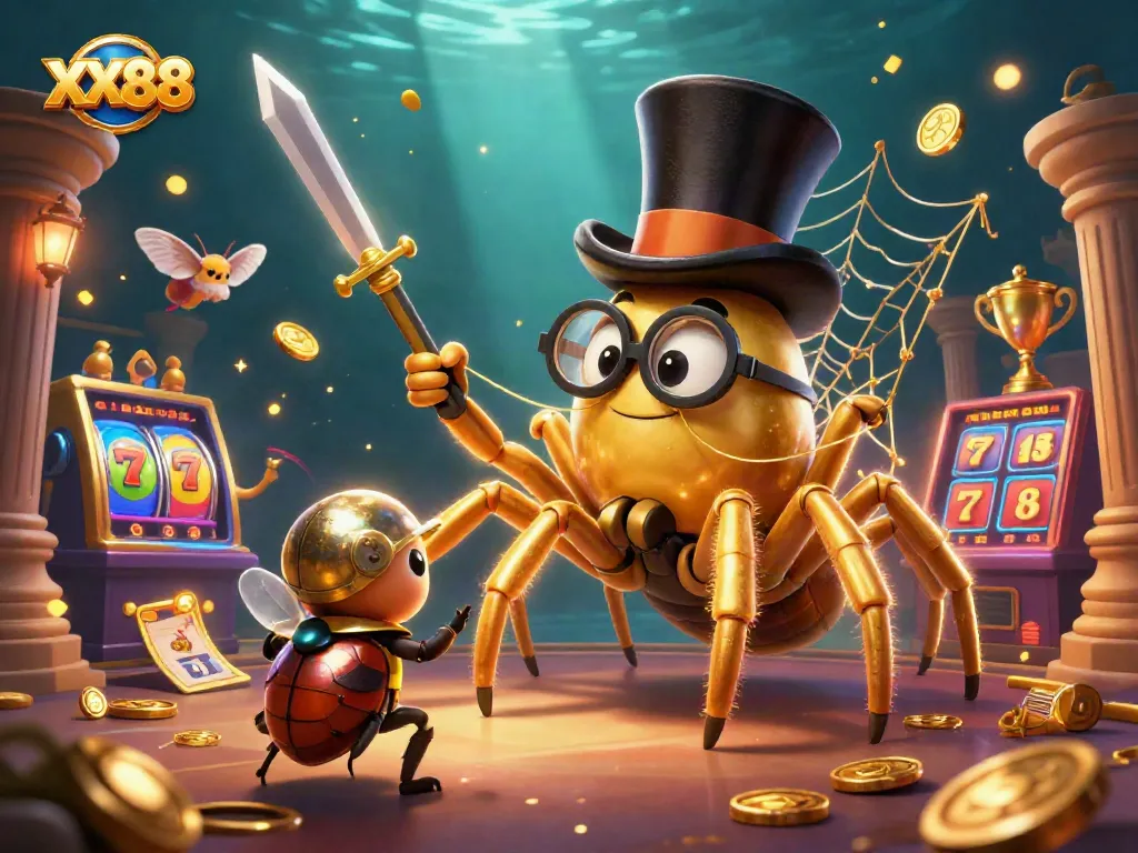 Experience thrilling gameplay with XX88, featuring a golden tarantula weaving a web of luck in a vibrant casino.