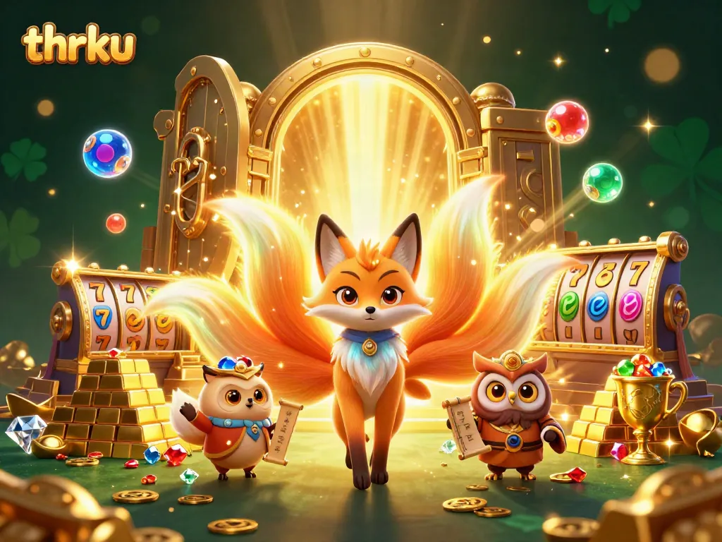 Experience thrilling gameplay with thrku's vibrant casino scene featuring a spirited fox and treasures.