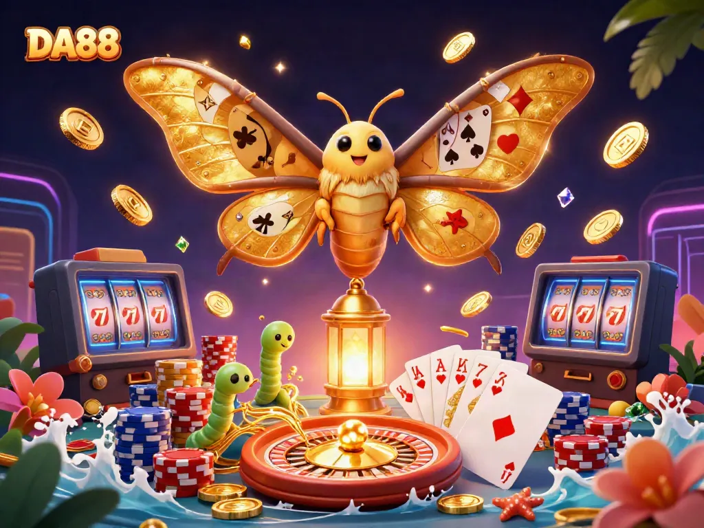 DA88 celebrates with vibrant casino scenes surrounded by golden coins and playing cards.