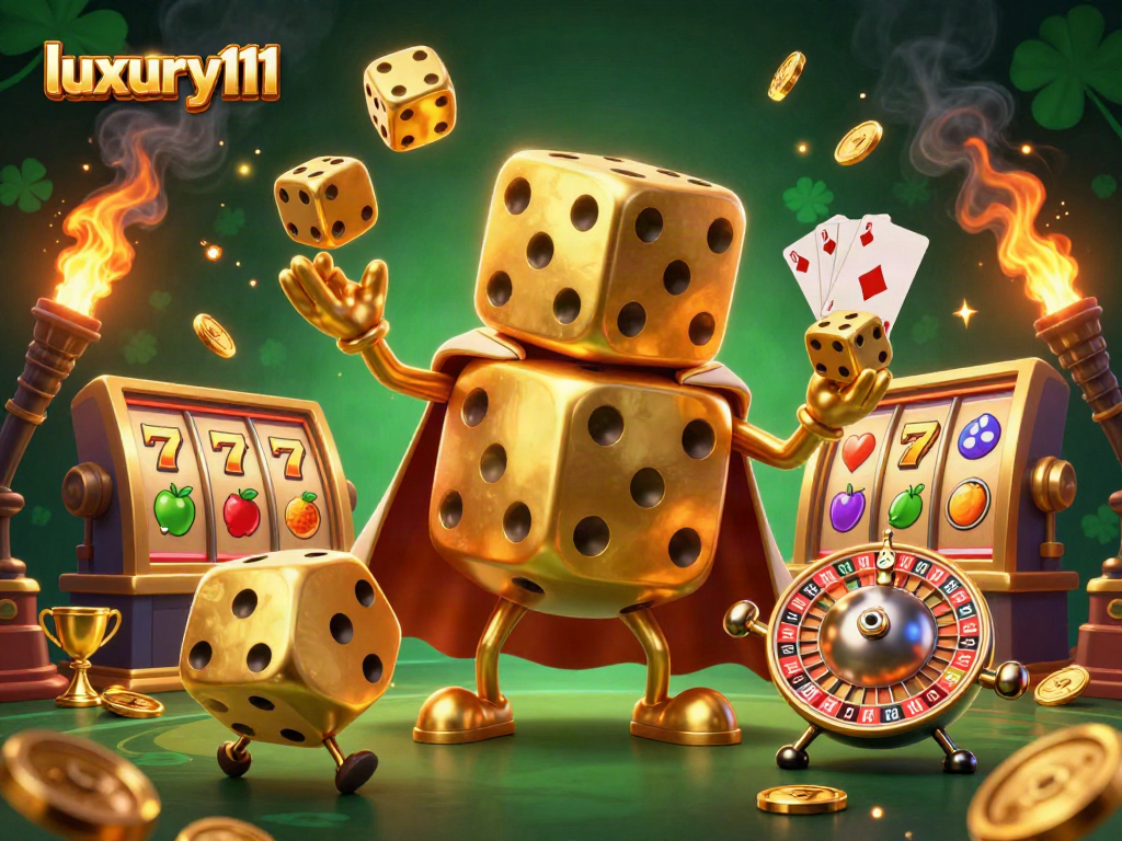 Experience luxury111 with a golden dice golem navigating vibrant slot reels, symbolic of a winning gaming adventure.